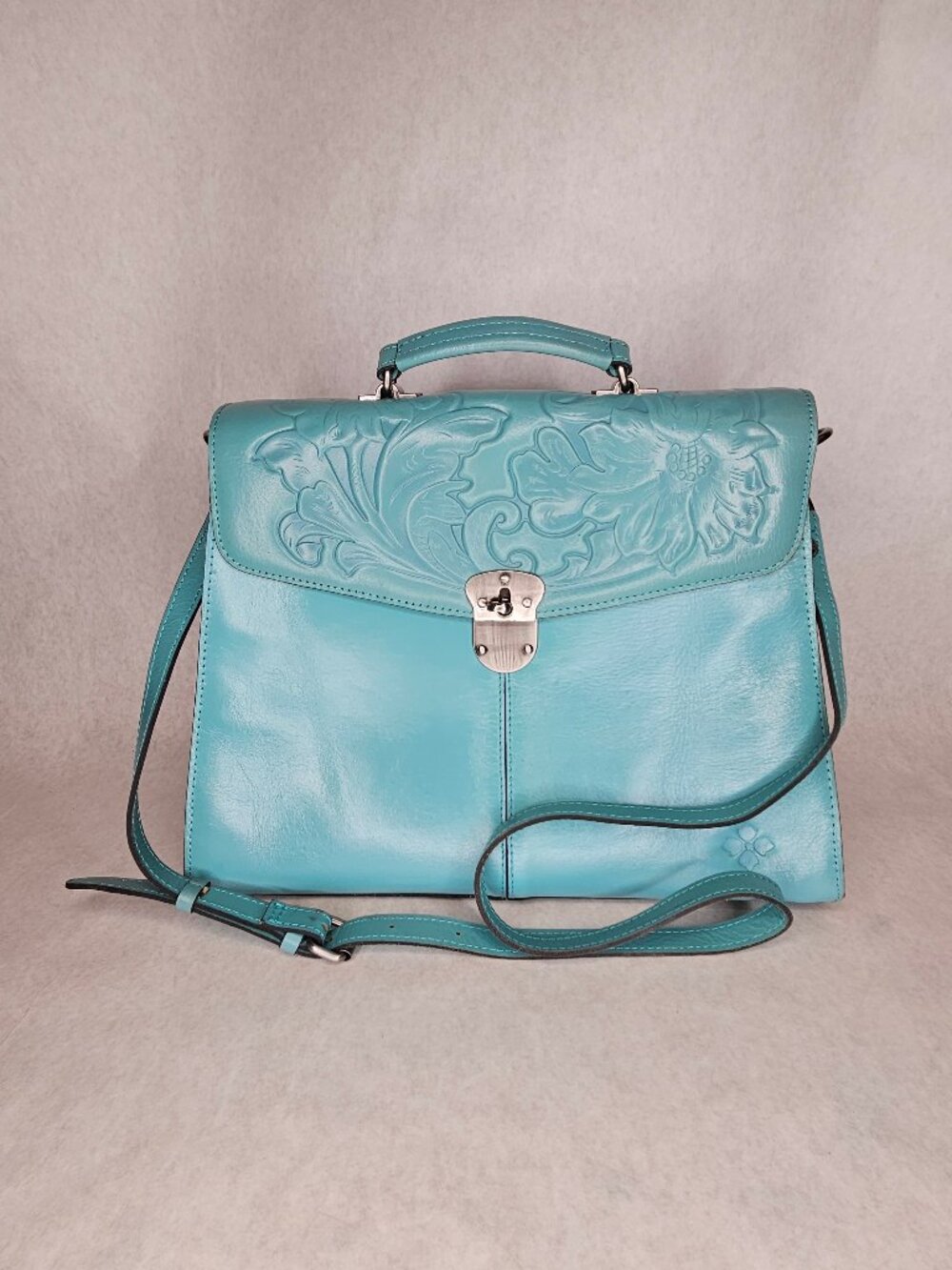 Patricia Nash Brailes Embosses Toggle Latch Blue Teal Leather Satchel Crossbody 